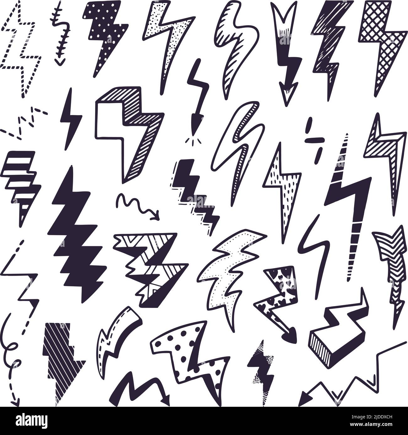 Sketch lightning. Thunder doodle, bolts electricity scribble elements. Isolated light or speed doodles graphic design. Danger symbol neoteric vector Stock Vector