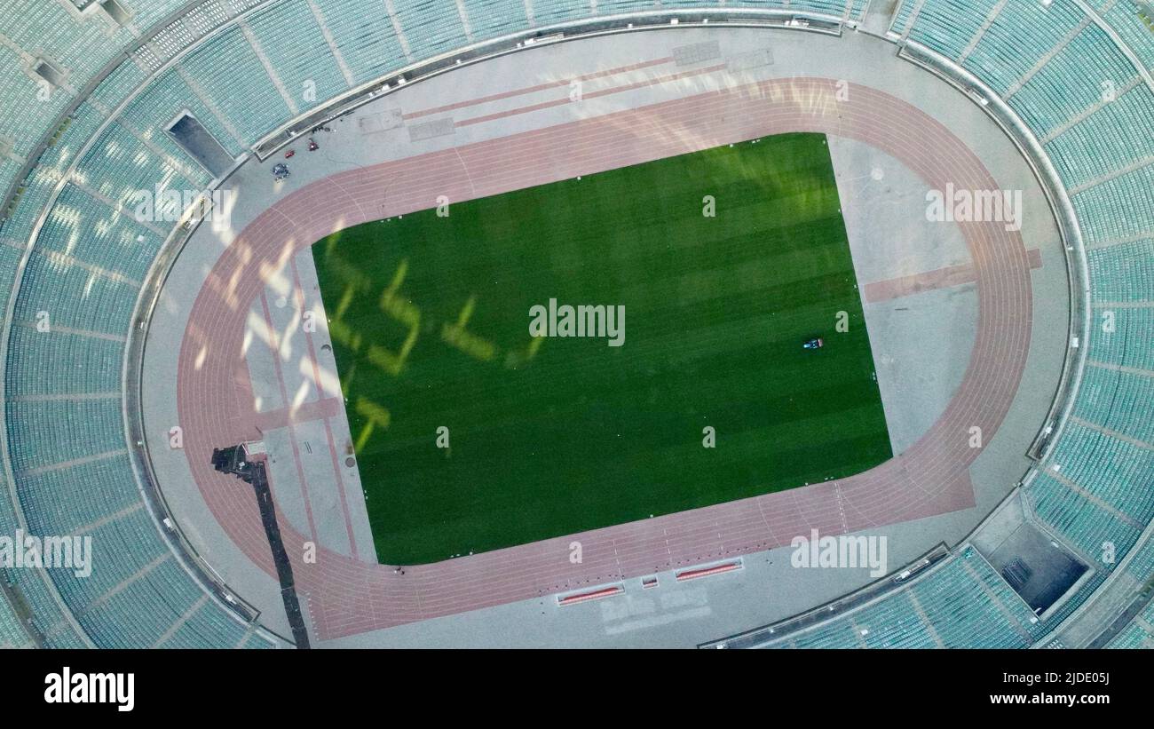 Olympic Stadium, City of Baku, skyline drone aerial top view, Azerbaijan, Southern Caucasus Stock Photo