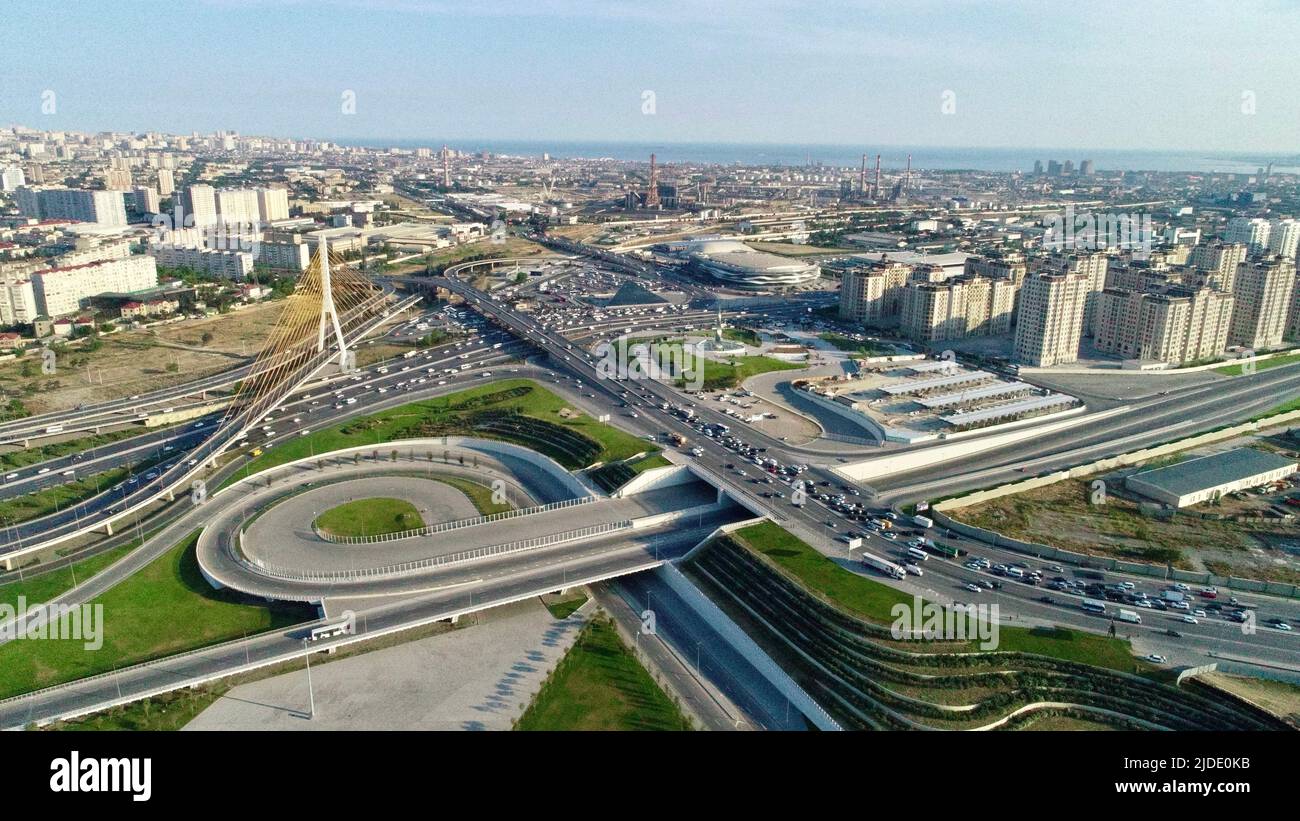 City of Baku, skyline drone aerial top view, Azerbaijan, Southern Caucasus Stock Photo