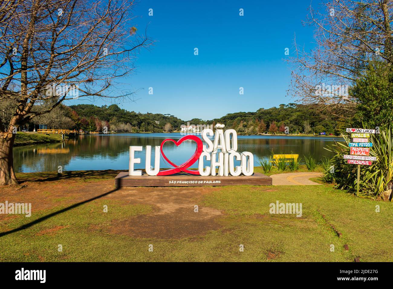 Sao Francisco de Paula, Brazil - Circa June 2022: 'I heart Sao Chico' sign at Sao Bernardo Lake - popular tourist destination Stock Photo