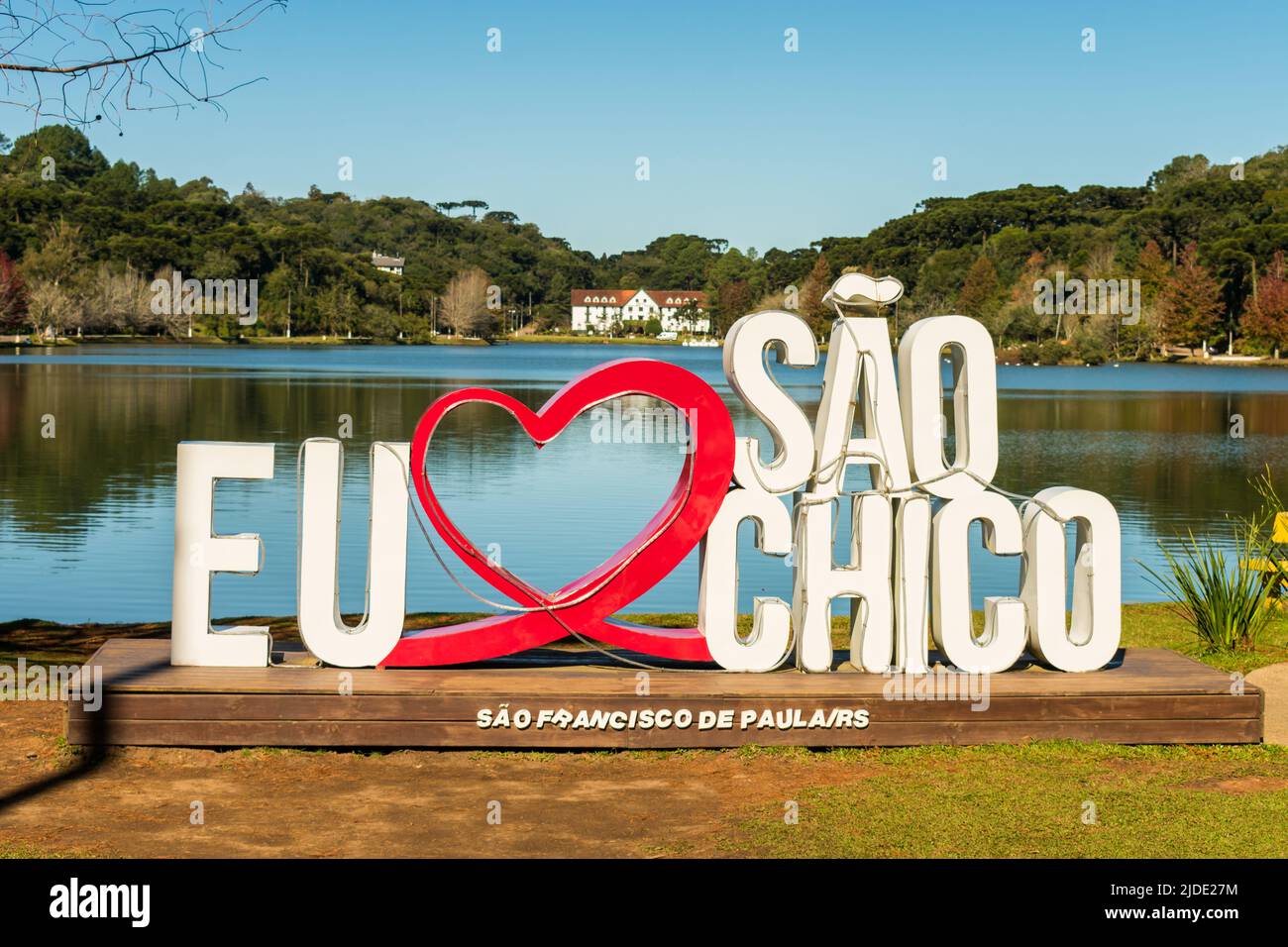 Sao Francisco de Paula, Brazil - Circa June 2022: 'I heart Sao Chico' sign at Sao Bernardo Lake - popular tourist destination Stock Photo