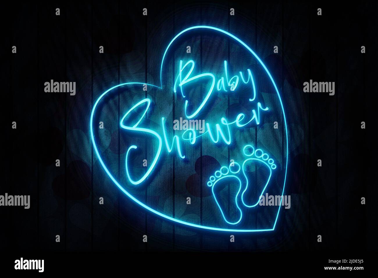 Baby Shower Blue Neon Sign on a Dark Heart decorated Wooden Wall  3D illustration Stock Photo