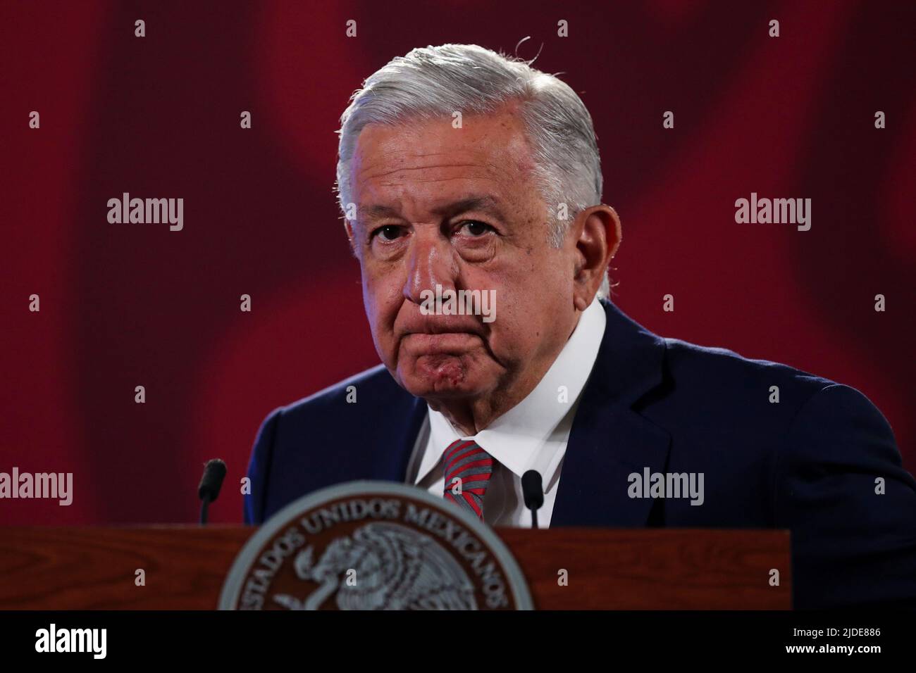 Mexico's President Andres Manuel Lopez Obrador gestures during a news conference at the National Palace in Mexico City, Mexico, June 20, 2022. REUTERS/Edgard Garrido Stock Photo