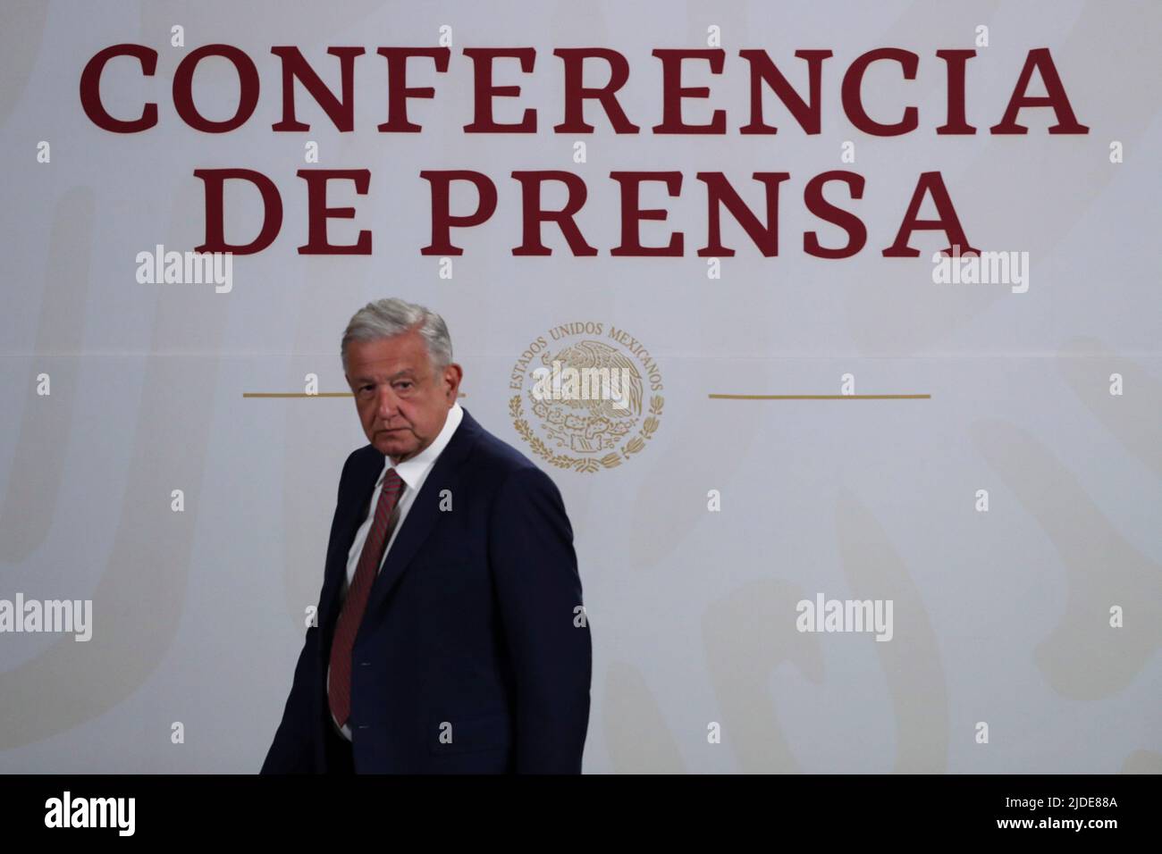 Mexico's President Andres Manuel Lopez Obrador arrives for the news conference at the National Palace in Mexico City, Mexico, June 20, 2022. REUTERS/Edgard Garrido Stock Photo