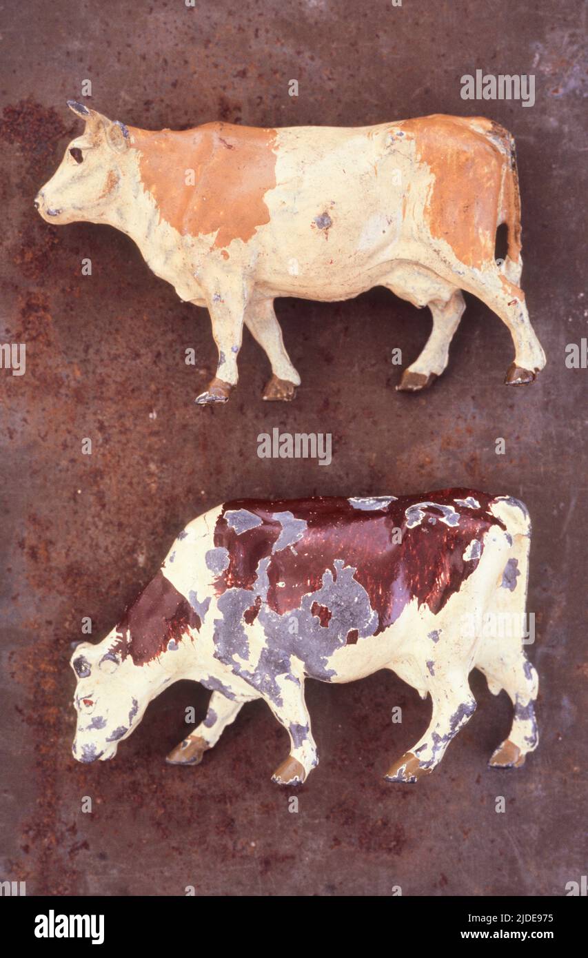 Close up of battered and scratched lead models of white and light brown ...
