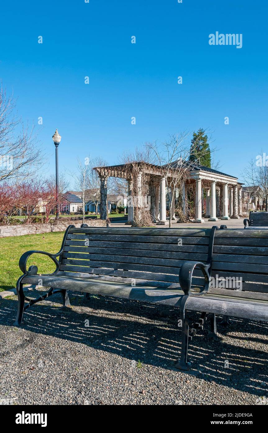 Central Park benches with classical gazebo in Hillsboro, Oregon. Stock Photo