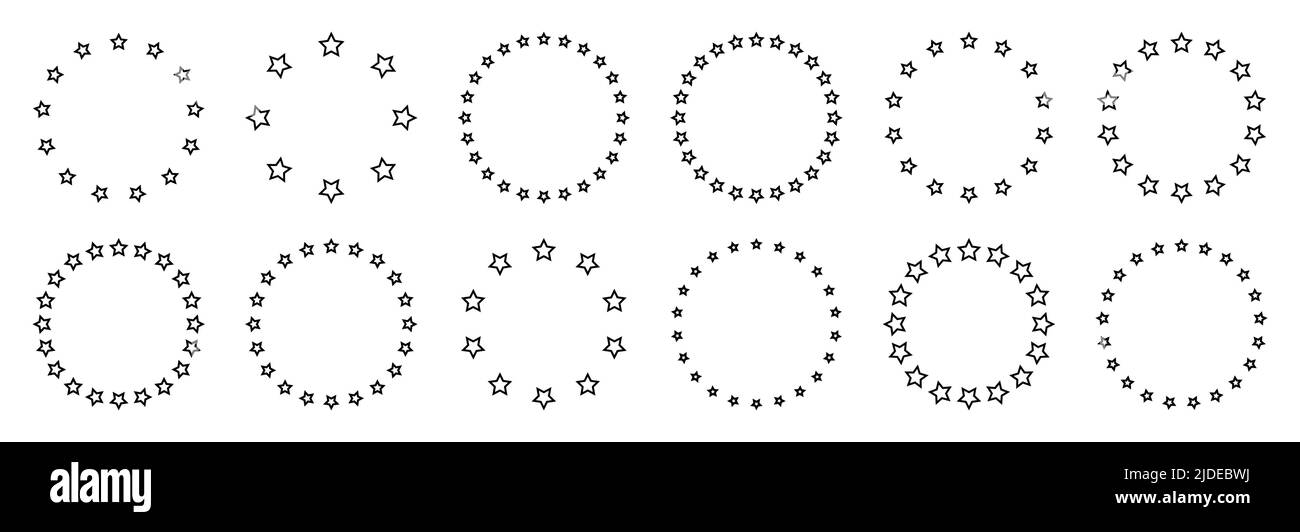 Simple Star Layout Stars of various sizes arranged in a circle. Round frame, border. Black ...