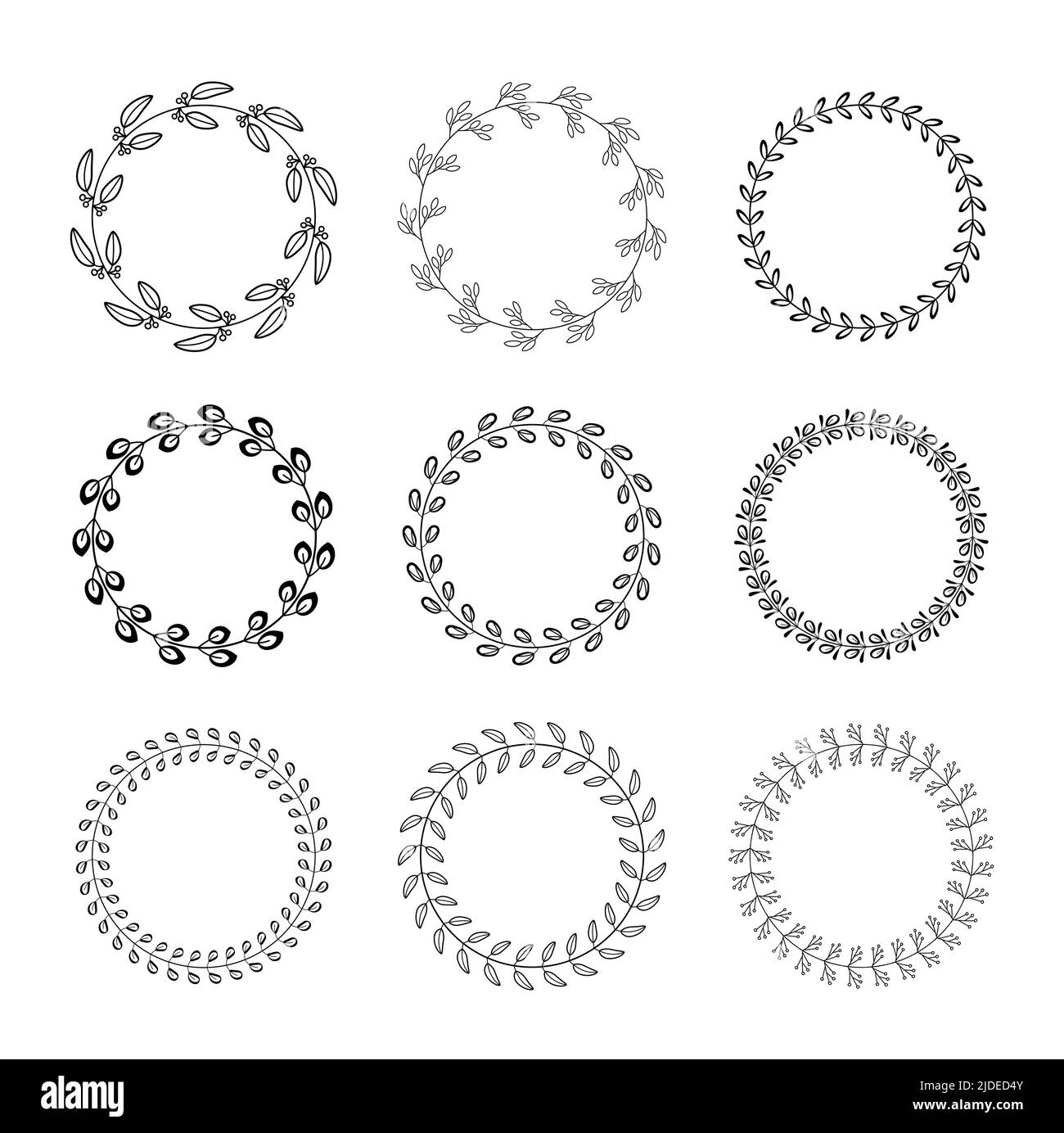 Laurels round border vector set. Set of different linear circle laurel leaves. Armorial branches. y. Stock Vector