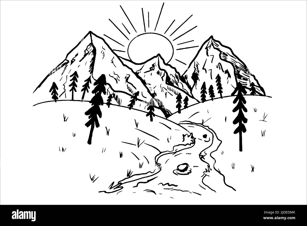 Line art hand drawn contour mountain landscape scenery isolated on white background. Art illustration, stylish in black, ink colour. . Vector illustration Stock Vector