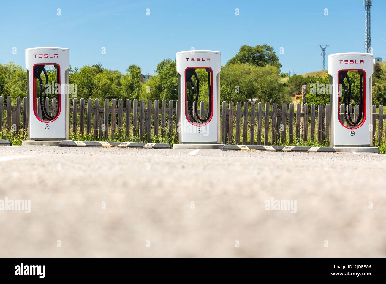 Reocin, Spain May 29, 2022 Tesla supercharger fast charging station