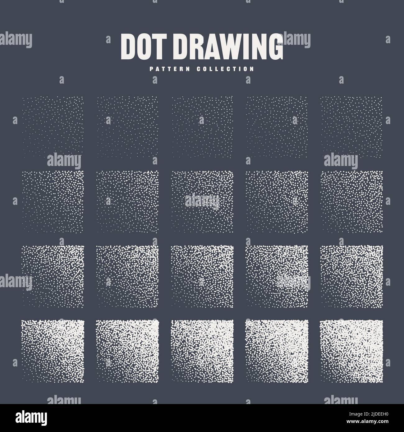 Square shaped dotted objects, stipple elements. Stippling, dotwork drawing, shading using dots. Pixel disintegration, halftone effect. White noise Stock Vector