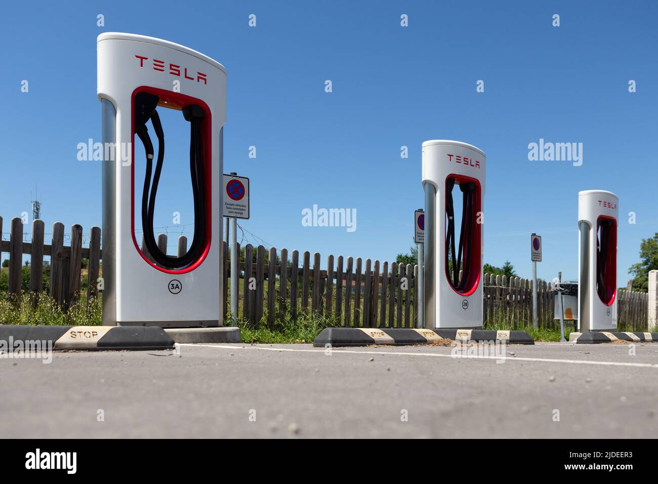 Reocin, Spain May 29, 2022 Tesla supercharger fast charging station