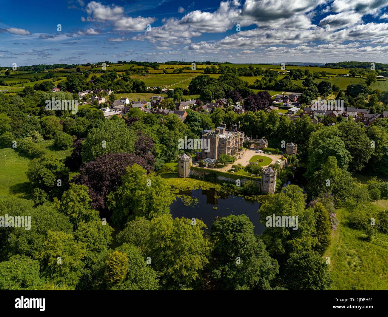 Caverswall Castle amd the Foxfield Heritage railway Aerial Drone From