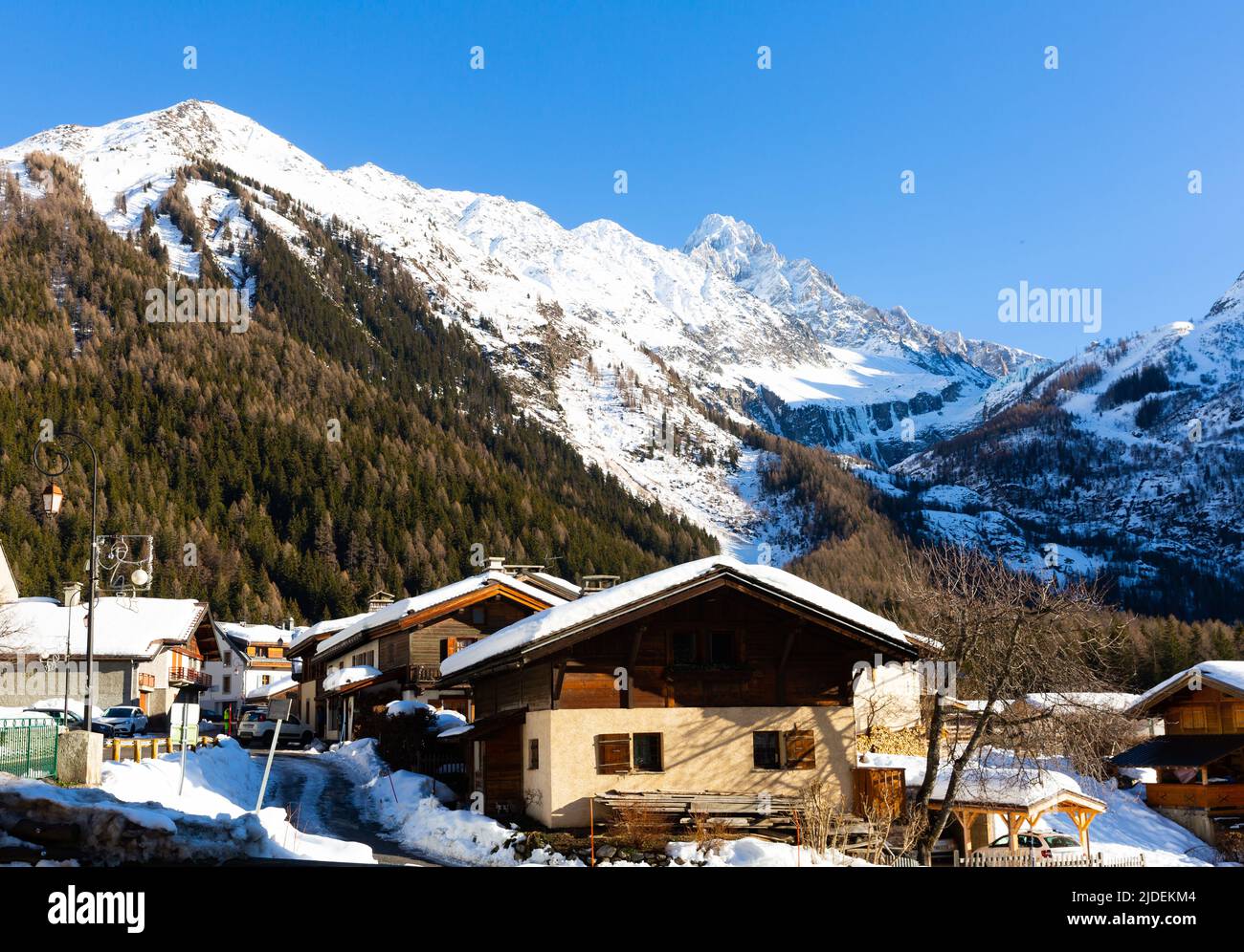 Winter view of French Alps and mountaineering village of Argentiere Stock Photo