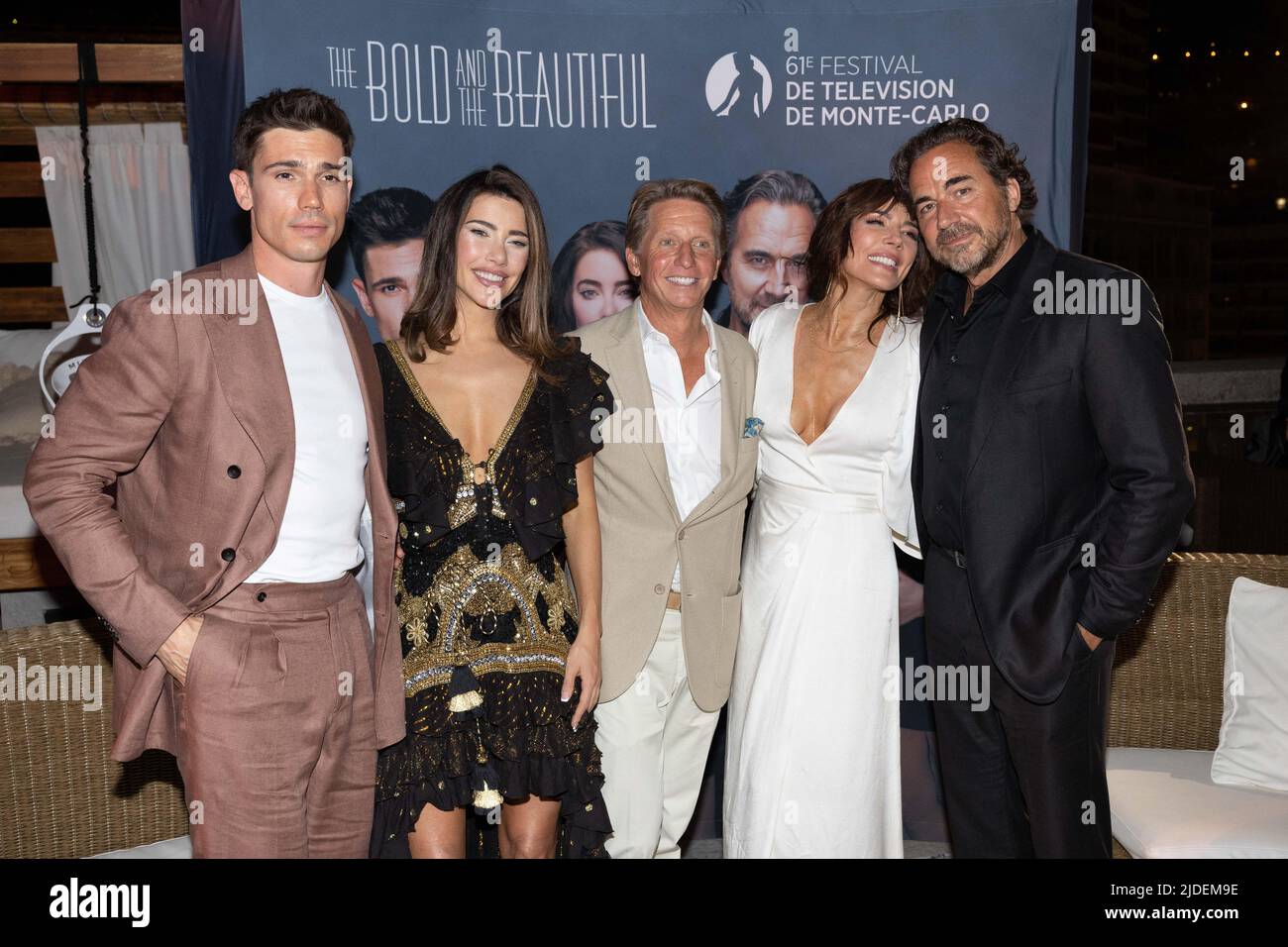 Monte-Carlo, Monaco, June 19, 2022.‘The Bold and the Beautiful’ cast members Tanner Novlan, Jacqueline Macinnes Wood, Thorsten Kaye, Krista Allen attend the 35th anniversary of the TV series during the 61st Television Festival of Monte-Carlo ‘Nominees Party’ at the Fairmont hotel, in Monte-Carlo, Monaco, on June 19, 2022. Photo Pool FTV/ABACAPRESS.COM Stock Photo