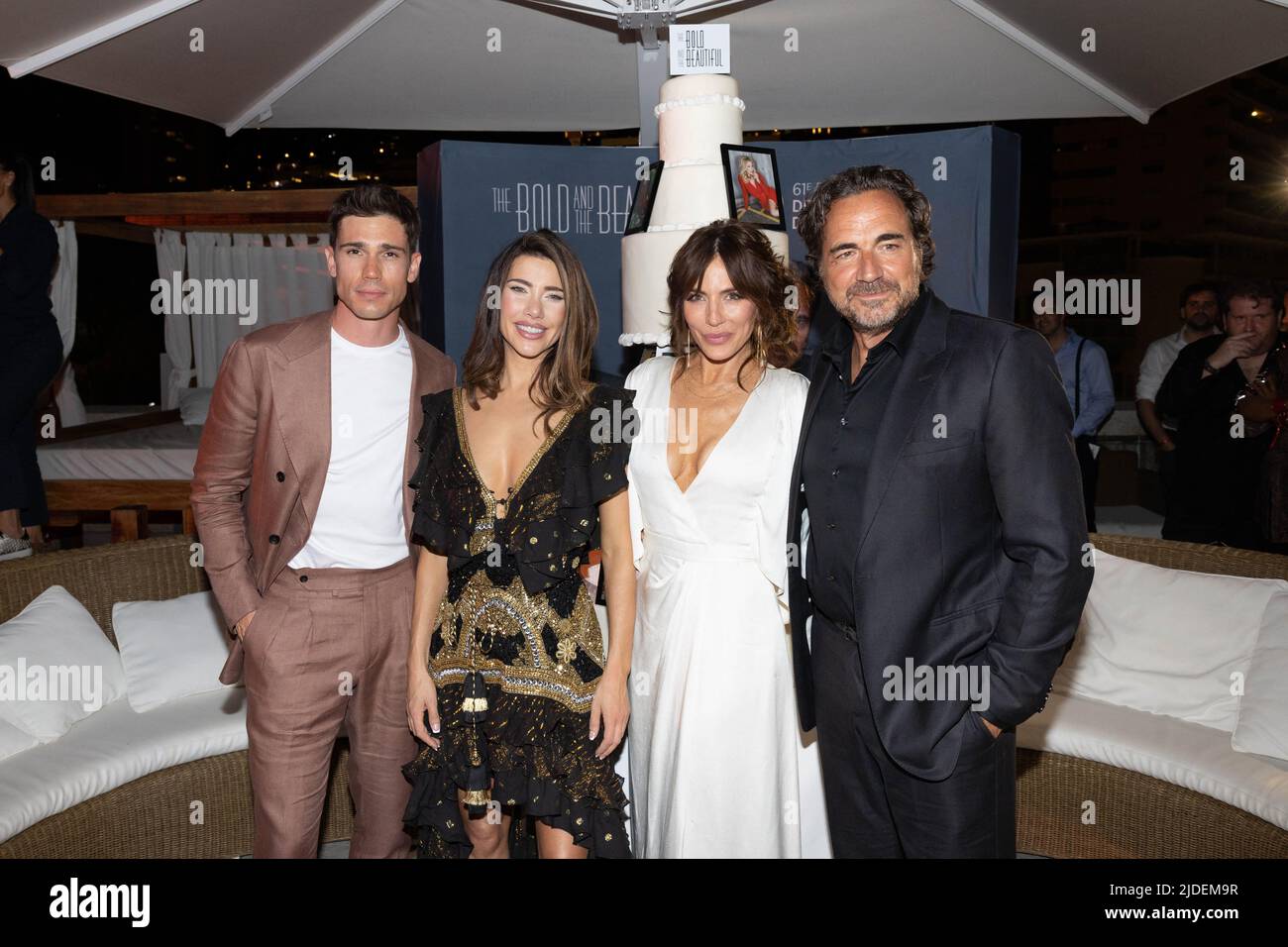 Monte-Carlo, Monaco, June 19, 2022.‘The Bold and the Beautiful’ cast members Tanner Novlan, Jacqueline Macinnes Wood, Thorsten Kaye, Krista Allen attend the 35th anniversary of the TV series during the 61st Television Festival of Monte-Carlo ‘Nominees Party’ at the Fairmont hotel, in Monte-Carlo, Monaco, on June 19, 2022. Photo Pool FTV/ABACAPRESS.COM Stock Photo