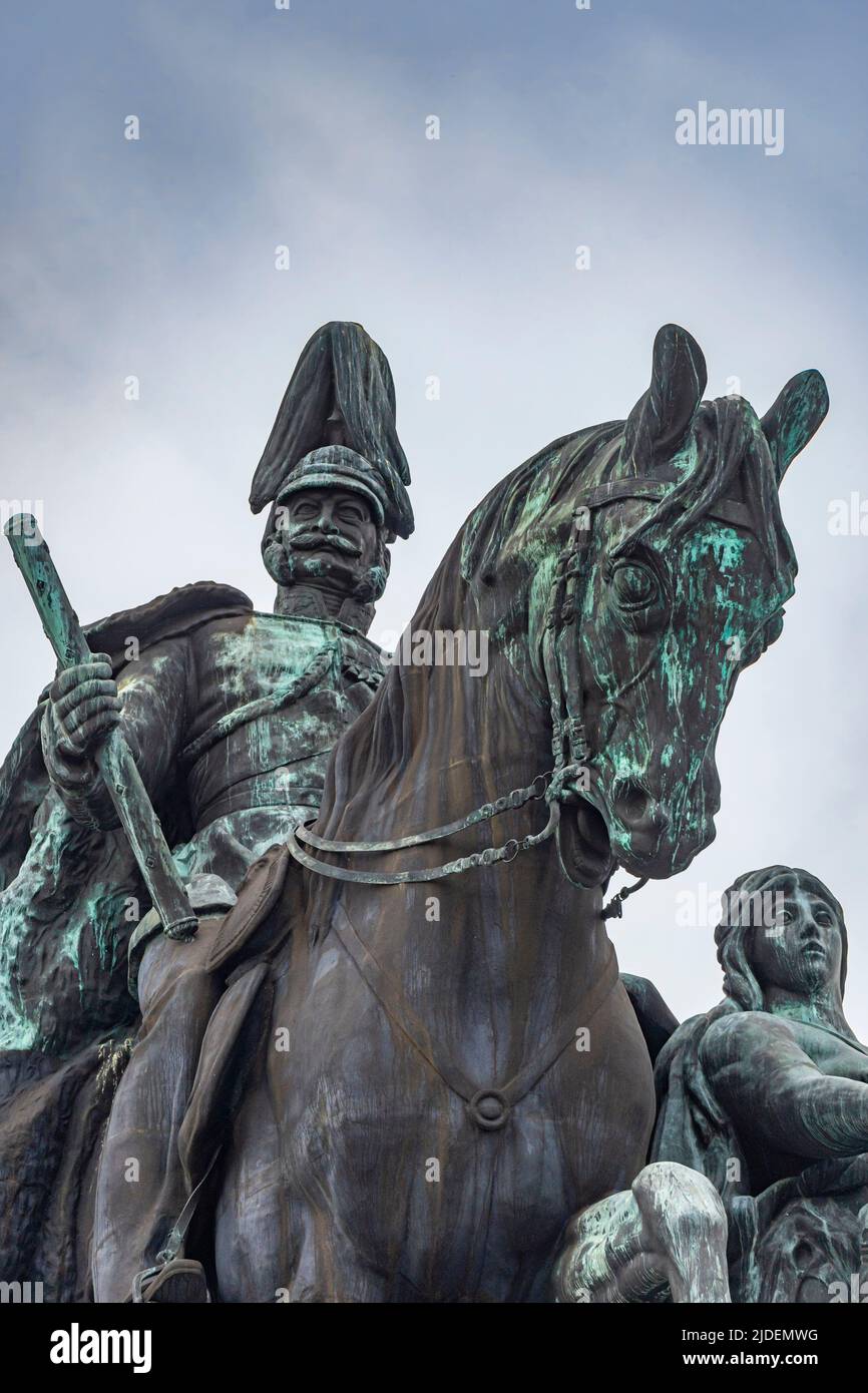 Kaiser Wilhelm Monument at Deutsches Eck, Germany.  Deutsches Eck is the name of a headland where the Mosel river joins the Rhine. Stock Photo