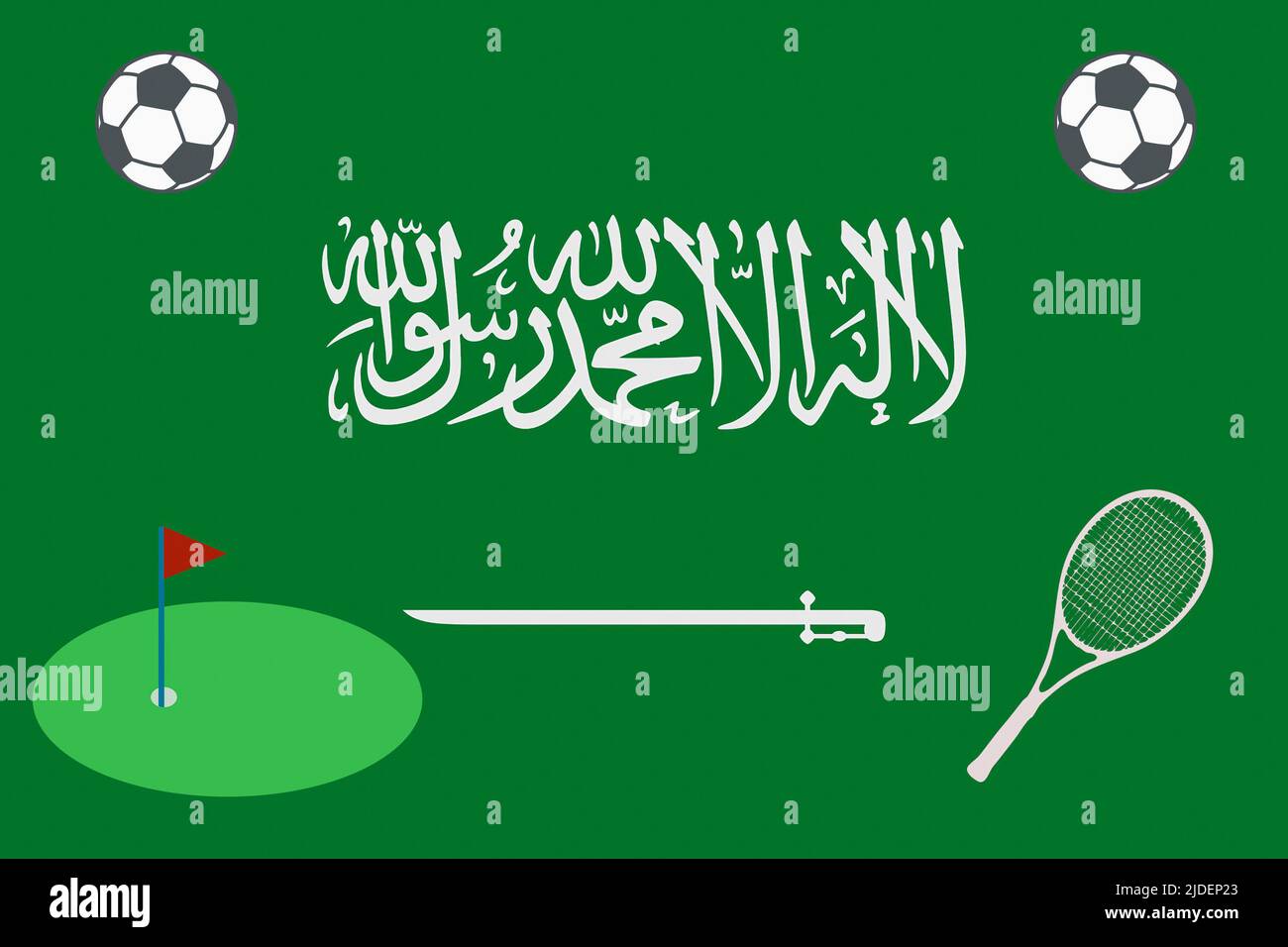 Flag of Saudi Arabia with golf, tennis and football symbols. Stock Photo