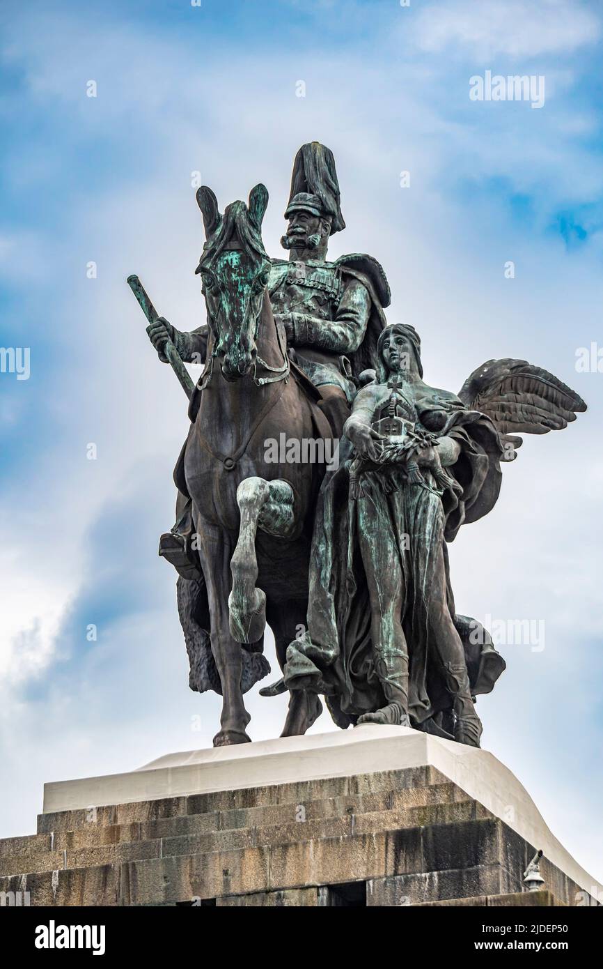Kaiser Wilhelm Monument at Deutsches Eck, Germany.  Deutsches Eck is the name of a headland where the Mosel river joins the Rhine. Stock Photo