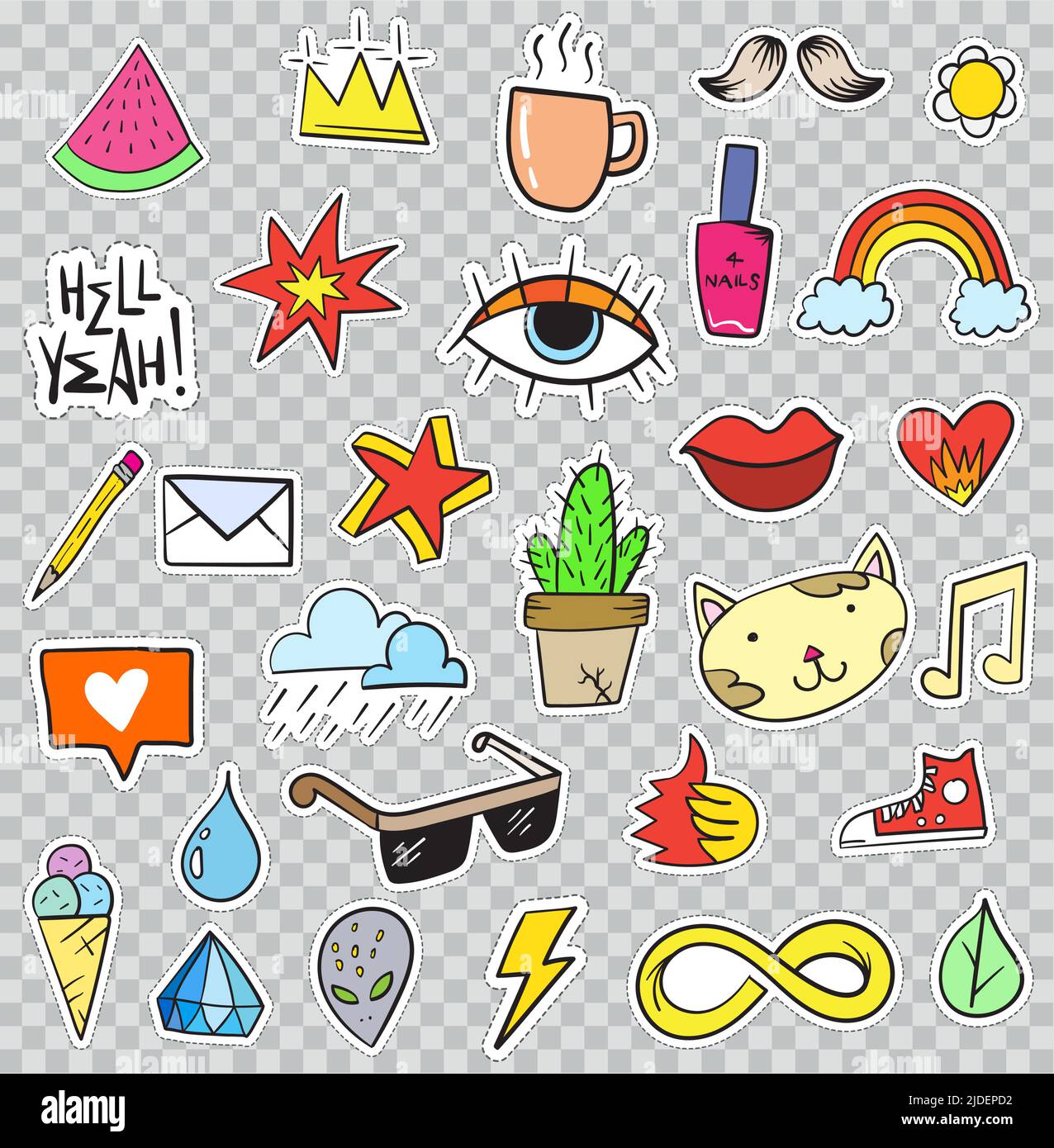 Set of Patches Elements like Flower, Heart, Crown, Cloud, Lips, Mail, Diamond, Eyes. Hand Drawn Vector. Cute Fashionable Stickers Collection. Doodle P Stock Vector