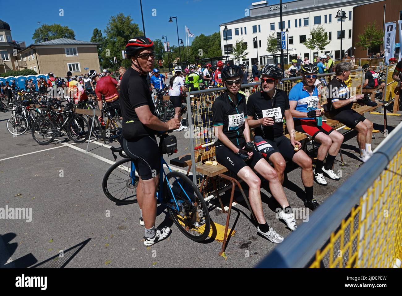 Cyclists , in Askersund, during the world's largest recreational bike ride,  Vätternrundan, Sweden, on Friday. Vätternrundan is one of the world's  largest exercise races by bicycle and this year 16,000 cyclists have