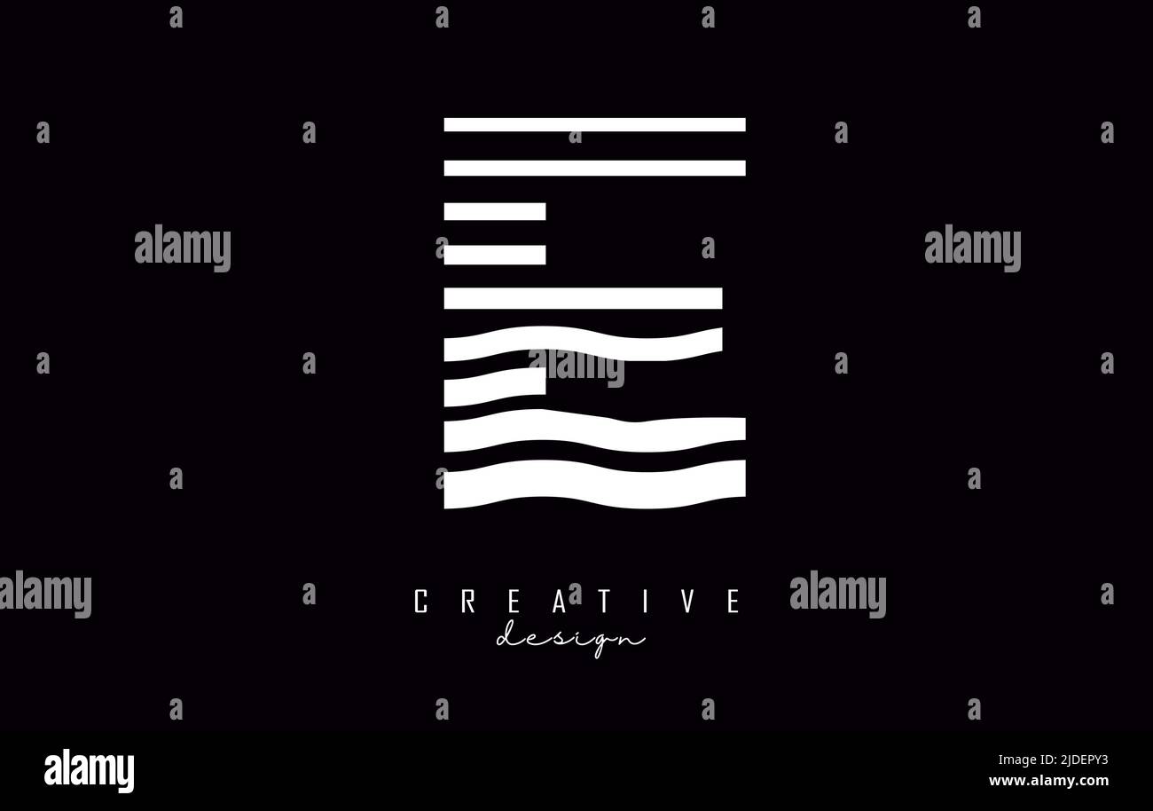 Letter E logo design with white straight and zig zag lines. Vector