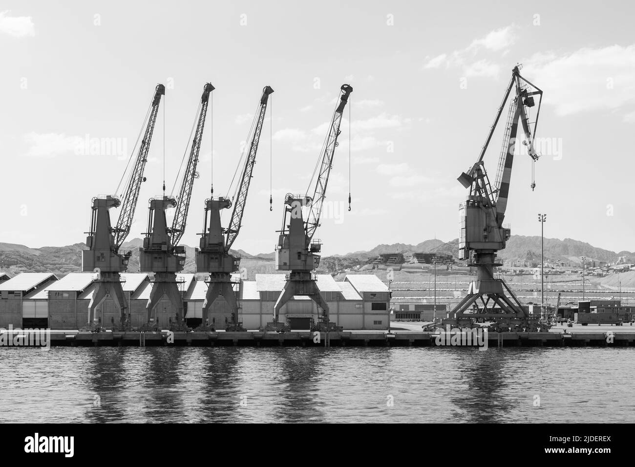 Eilat, Israel - May 22, 2009: Port cranes in cargo port in Eilat. Black and white photography Stock Photo