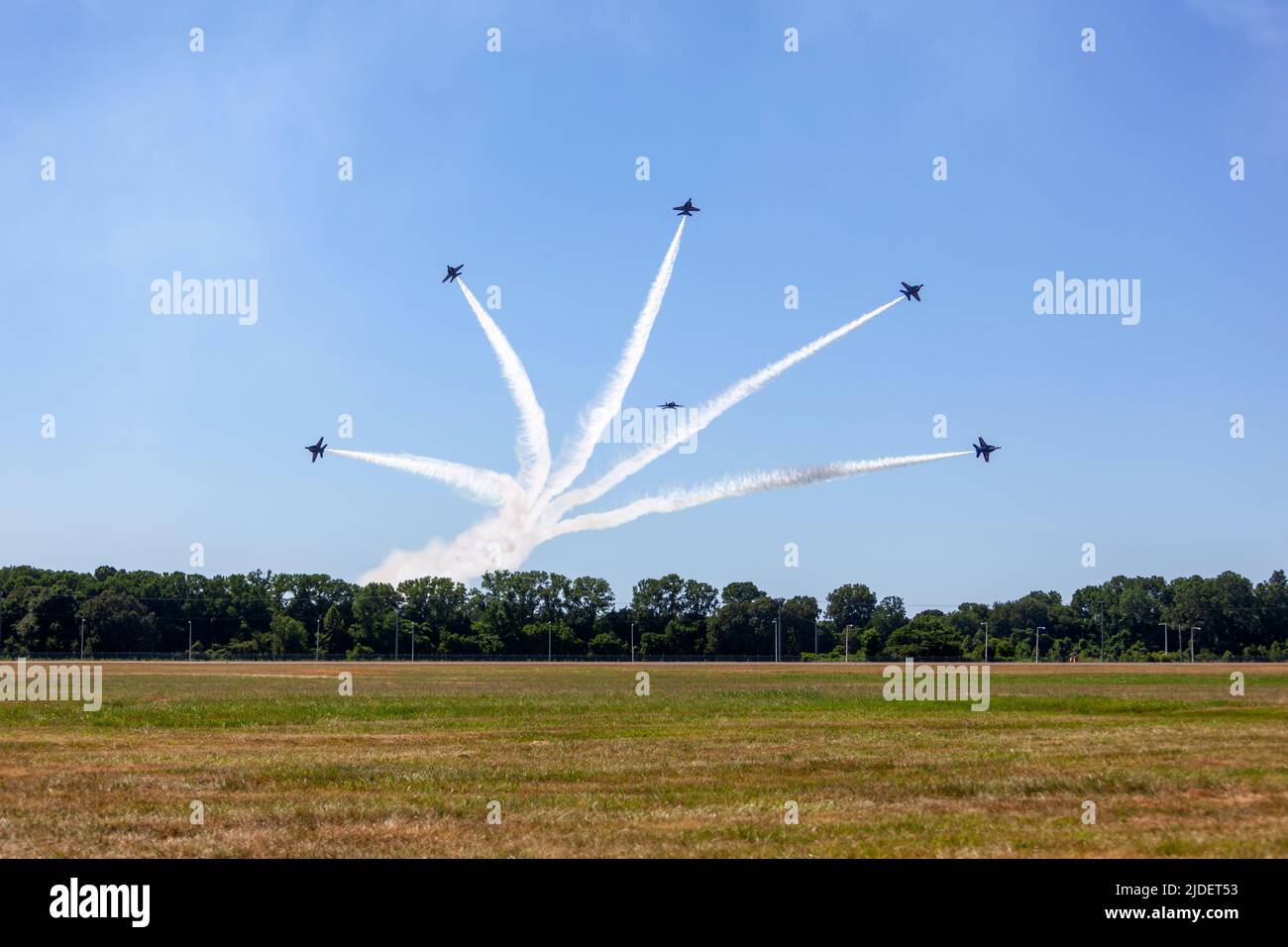 The United States Navy Blue Angels flying the F/A-18 Super Hornet E/F at the MidSouth Air Show over Millington, Tennessee on June, 18th 2022 Stock Photo