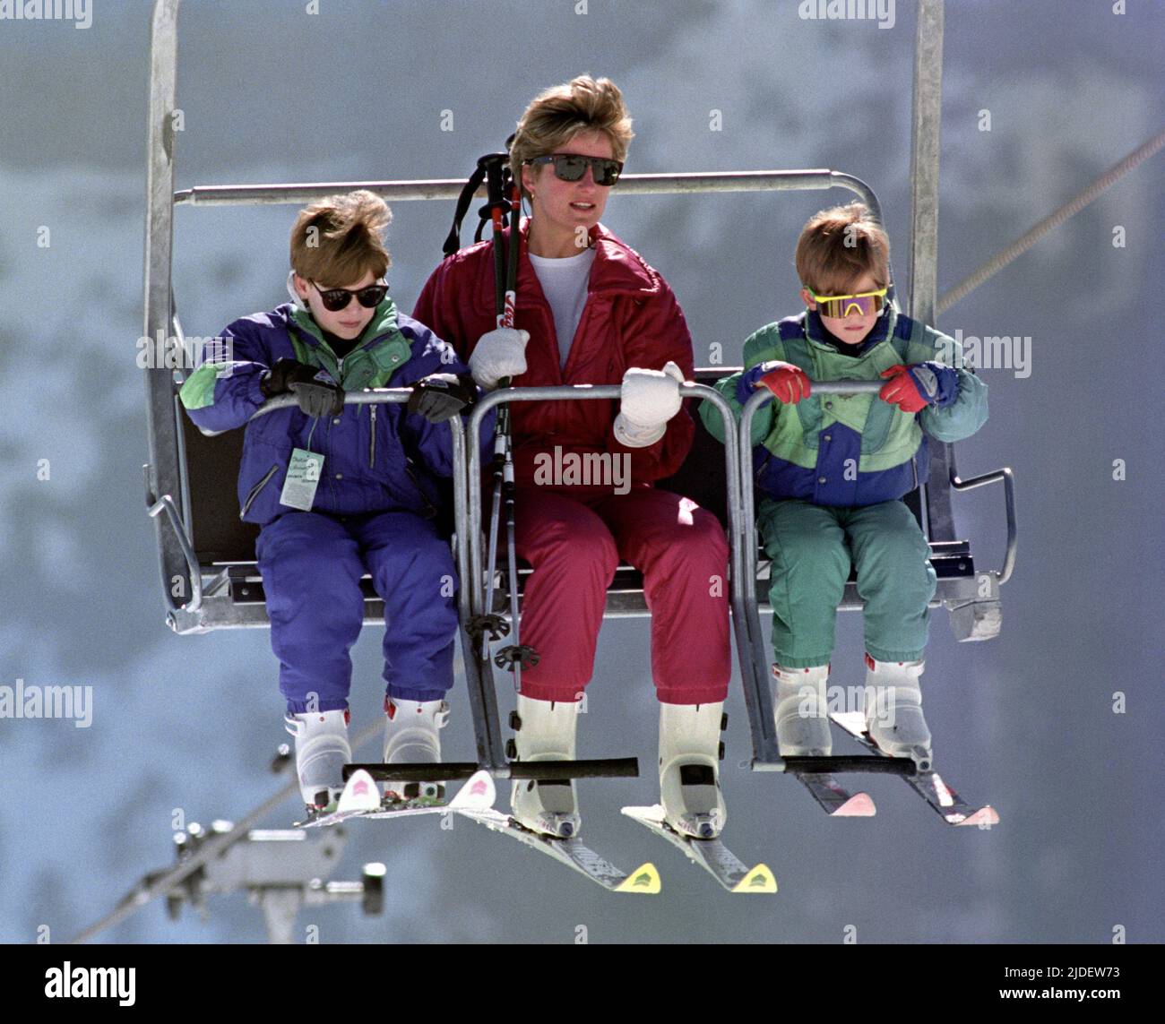 File photo dated 10/4/1991 of the Princess of Wales rides a chair lift up the Kriegerhorn with her sons Prince William, left, and Prince Harry, in Lech, Austria. The Duke of Cambridge celebrates his 40th birthday on Tuesday. Issue date: Monday June 20, 2022. Stock Photo