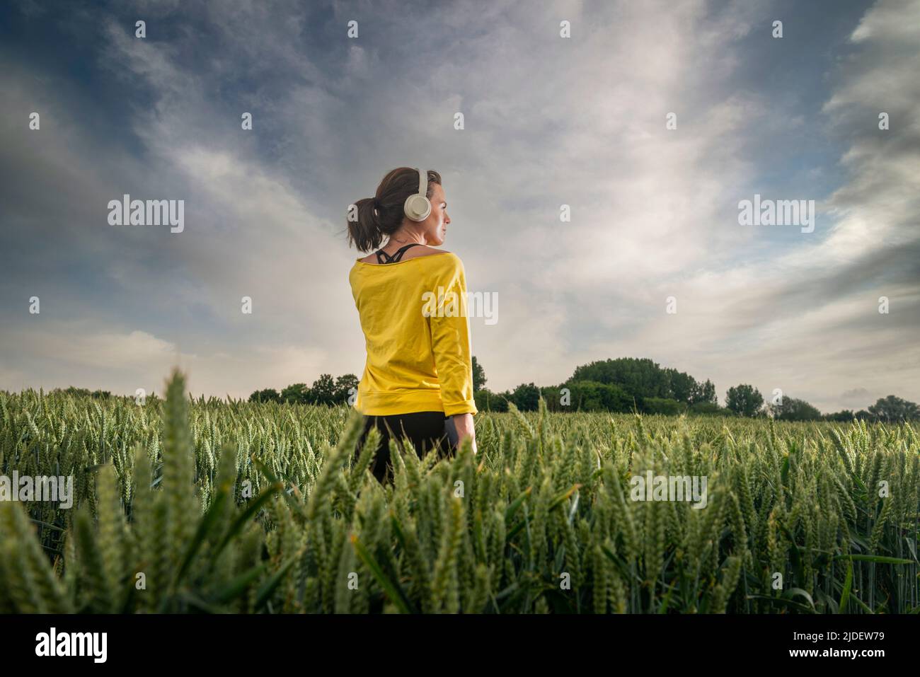 Woman wearing heaphones standing in a field, getting away from it all. Stock Photo