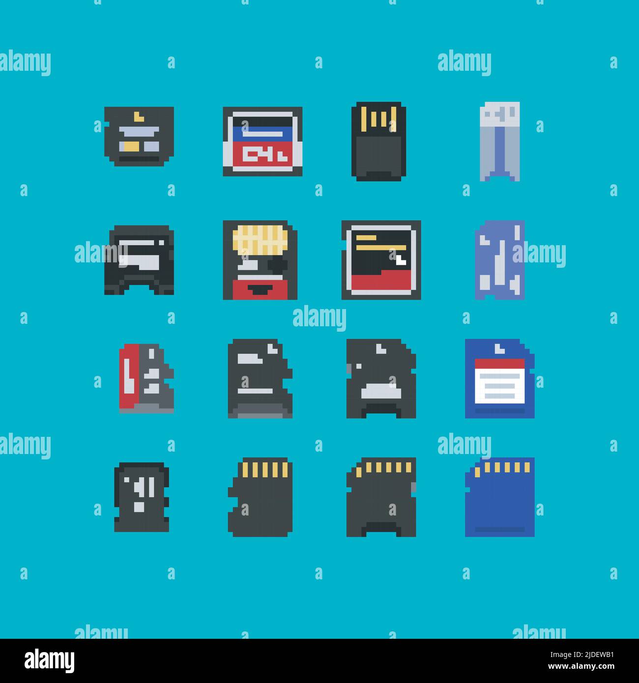 Pixel art phone and photo memory card vector 8 bit icon set on light blue background. Video game 8-bit sprite. Stock Vector