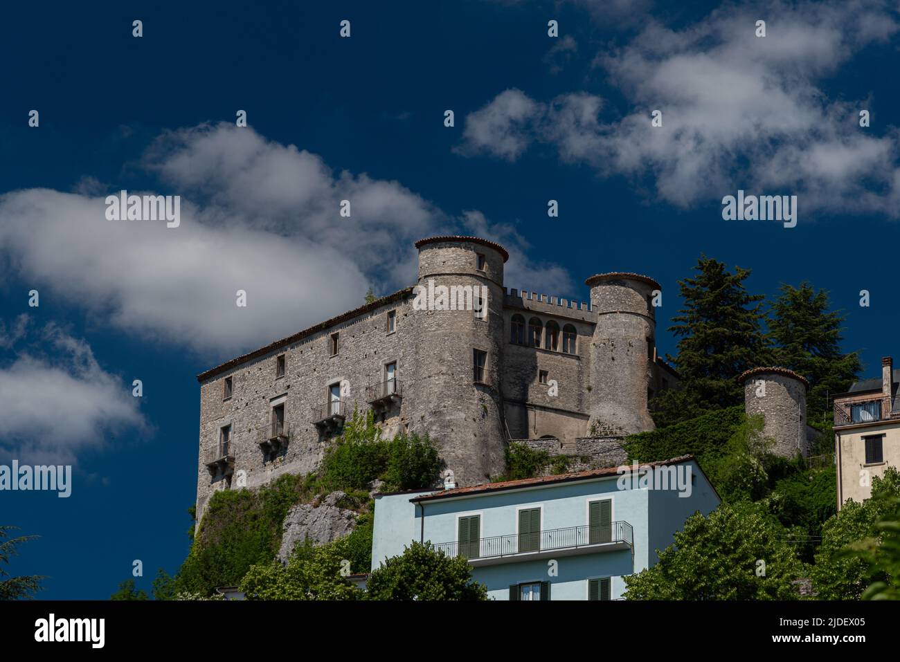 The castle was built in the 11th century, in the shape of an irregular pentagon, bordered by 5 towers, above the ravine overlooking the Carpino river. Stock Photo
