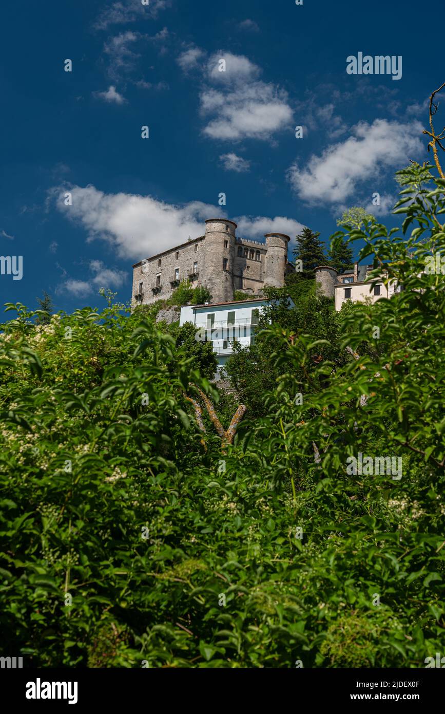 The castle was built in the 11th century, in the shape of an irregular pentagon, bordered by 5 towers, above the ravine overlooking the Carpino river. Stock Photo