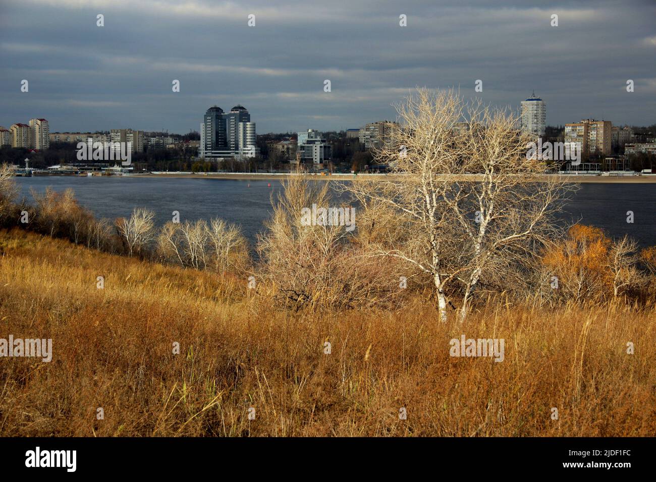 Zaporizhzhia city skyline upon the river Dnieper. Stock Photo