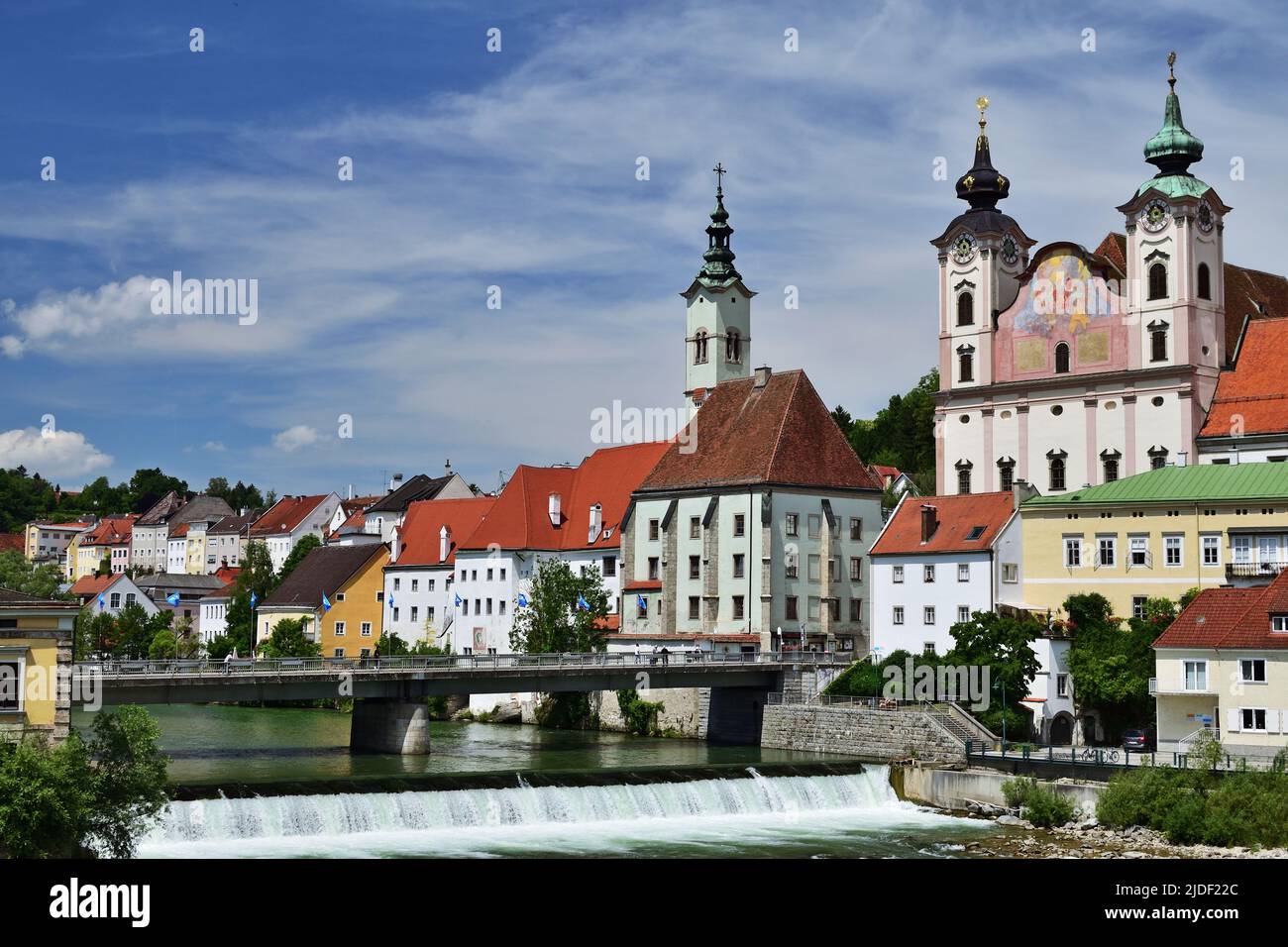 Downtown Steyr at the meeting of rivers Steyr and Enns Stock Photo