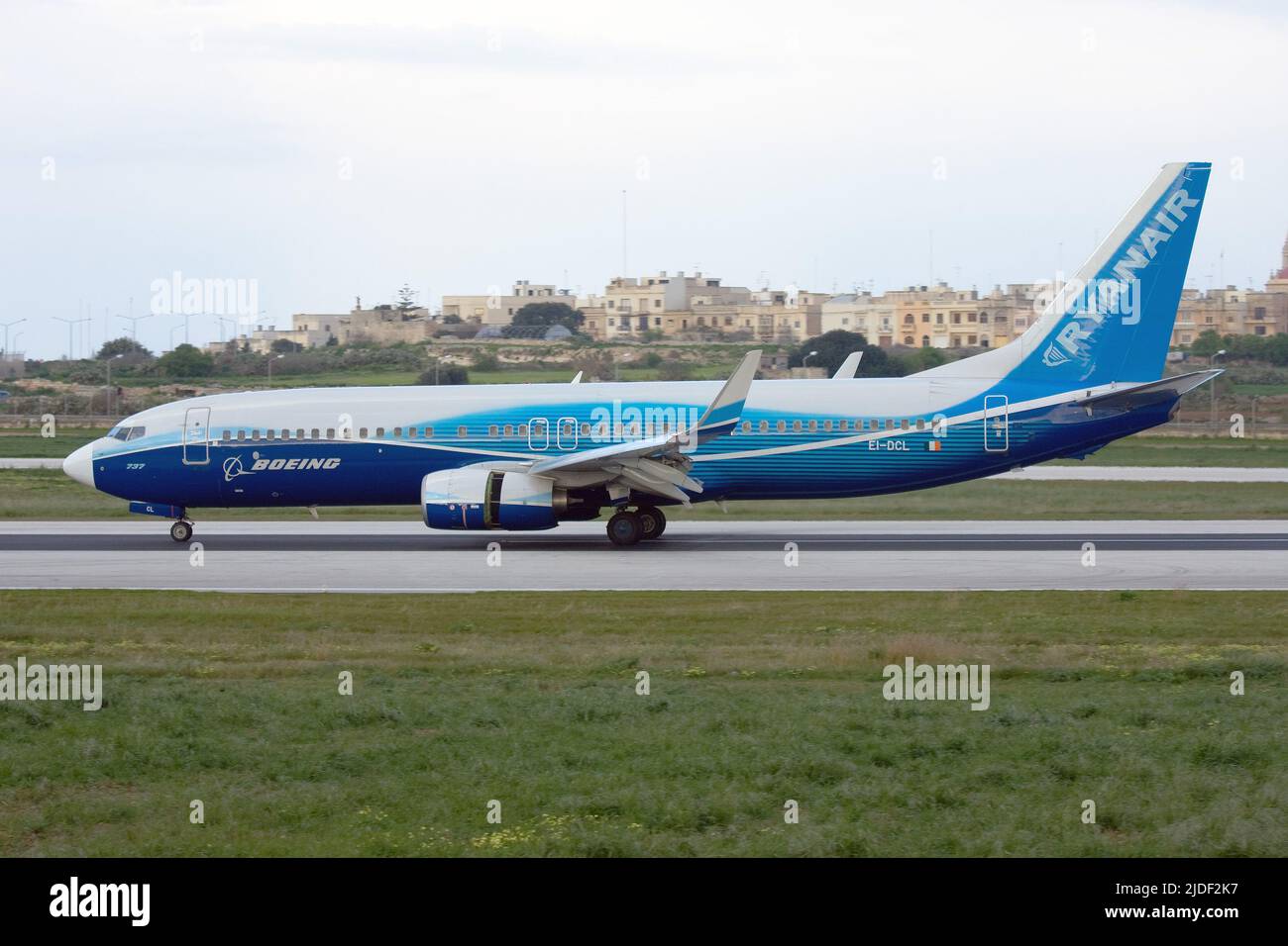 Ryanair Boeing 737-8AS (REG: EI-DCL) with thrust reversers on runway 31. Special Boeing Colour scheme. Stock Photo