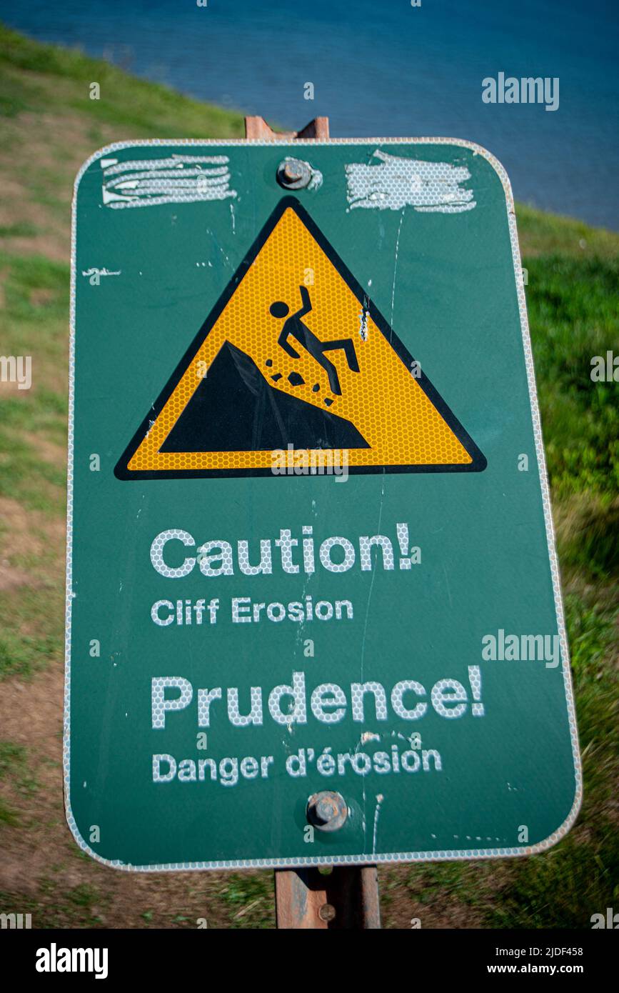 Caution! Cliff Erosion sign on North Shore of PEI Stock Photo