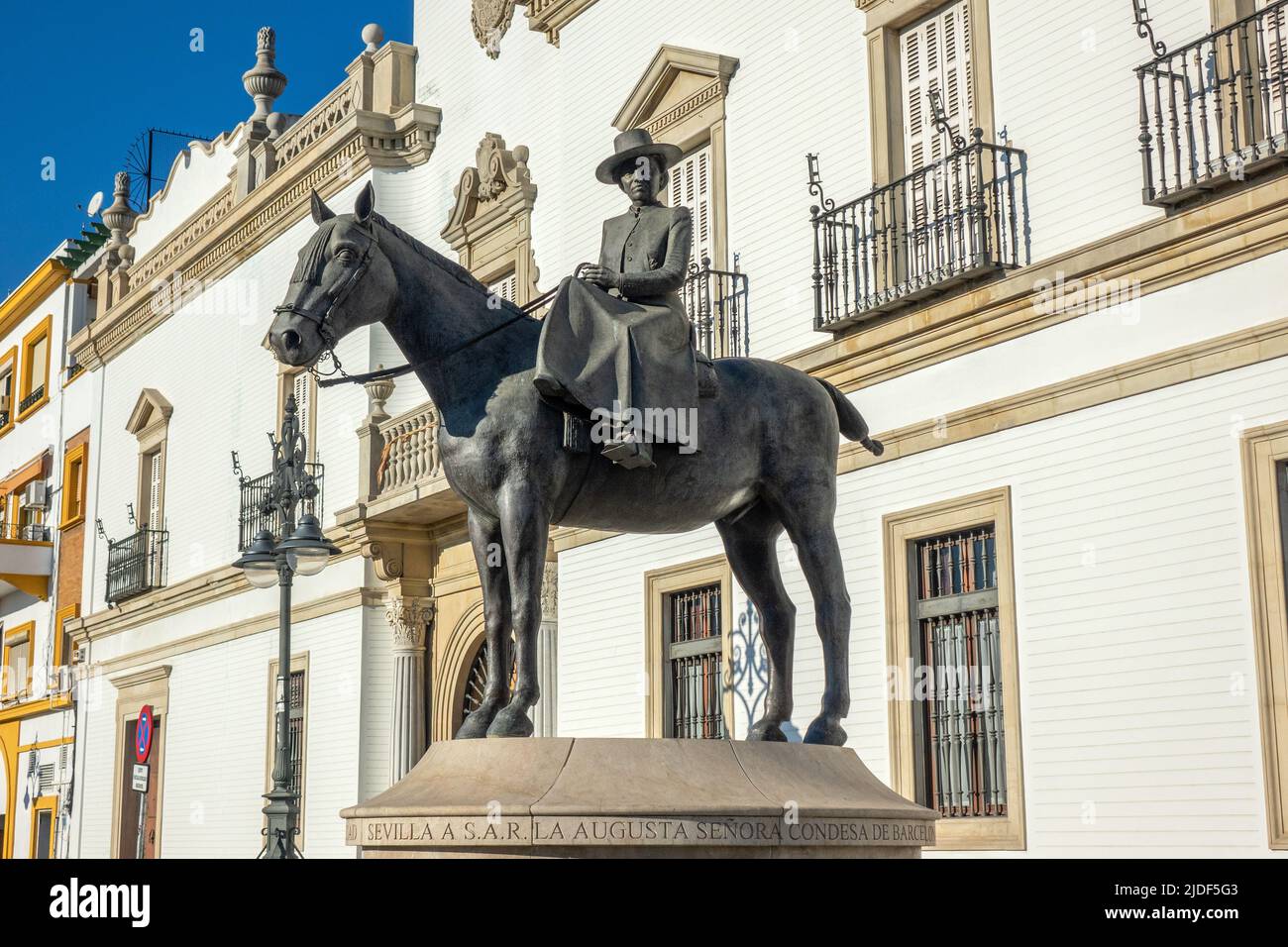 Countess Of Barcelona (Condesa De Barcelona), Equestrian Statue Outside Seville Bullring Real Maestranza, Princess Maria Mercedes of Bourbon-Two Sicil Stock Photo