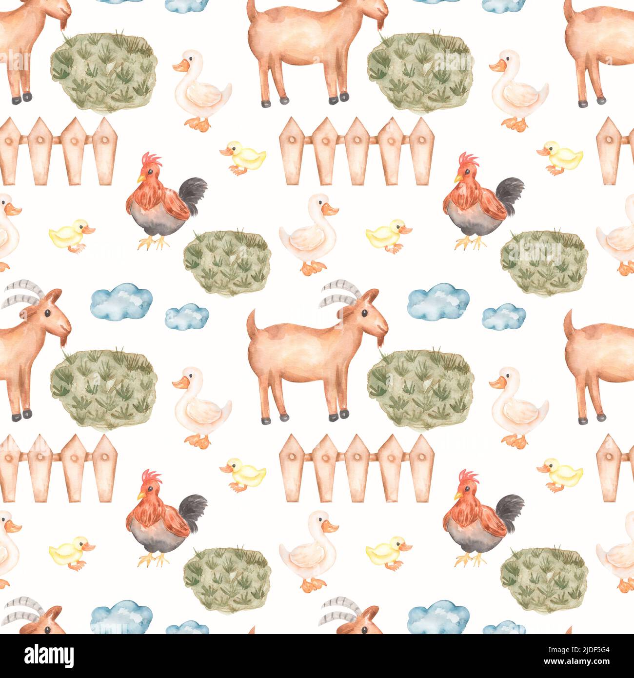 Duck Ruster Watercolor farm animals seamless pattern. Hand drawn objects: cute goat ...