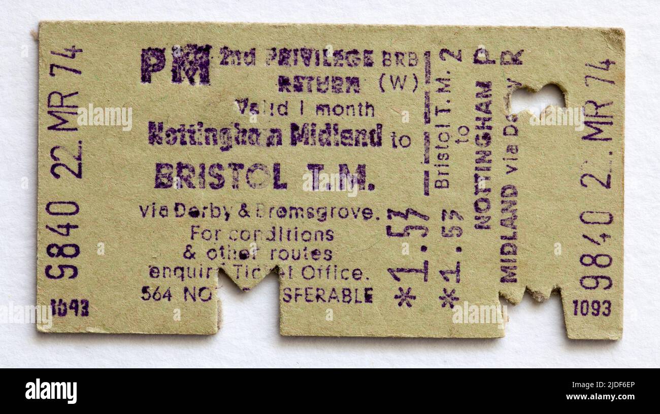 1970s British Rail Train Ticket Nottingham to Bristol Temple Meads Stock Photo