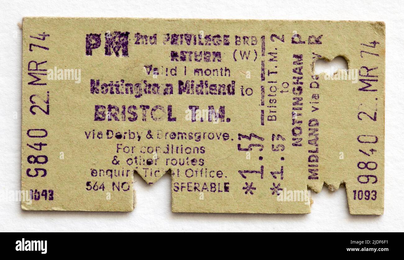 1970s British Rail Train Ticket Nottingham to Bristol Stock Photo