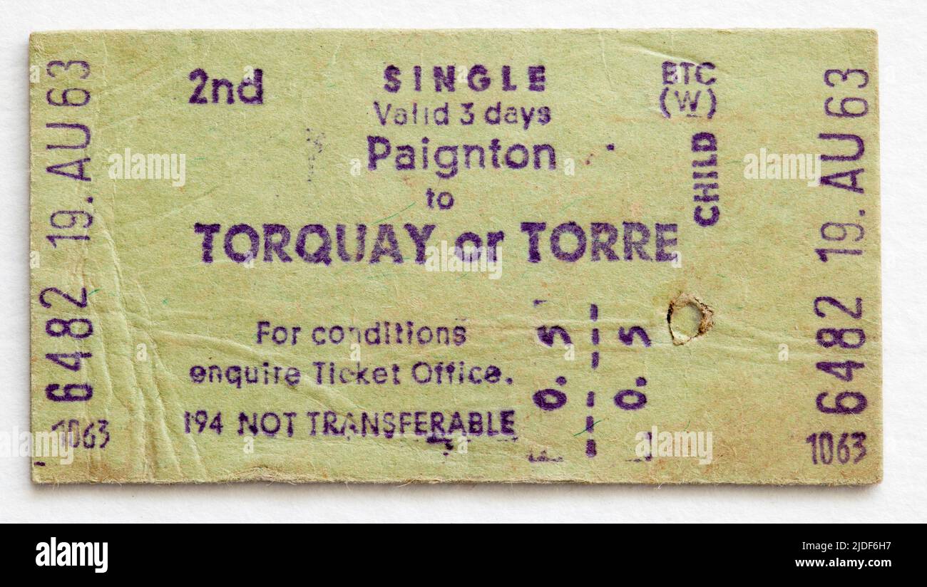 1960s British Rail Train Ticket Paignton to Torquay or Torre Stock Photo