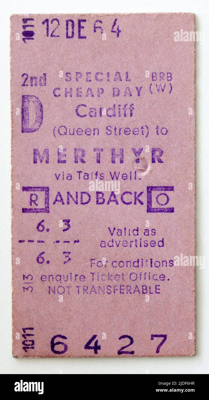 1960s British Rail Train Ticket Cardiff to Merthyr Stock Photo