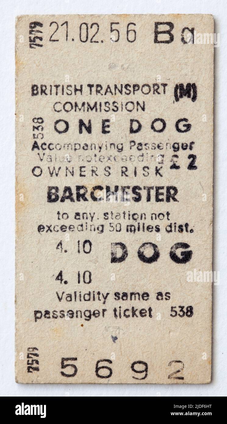 Fake 1950s British Railways Training School Train Ticket to the fictional town of Barchester for one dog Stock Photo