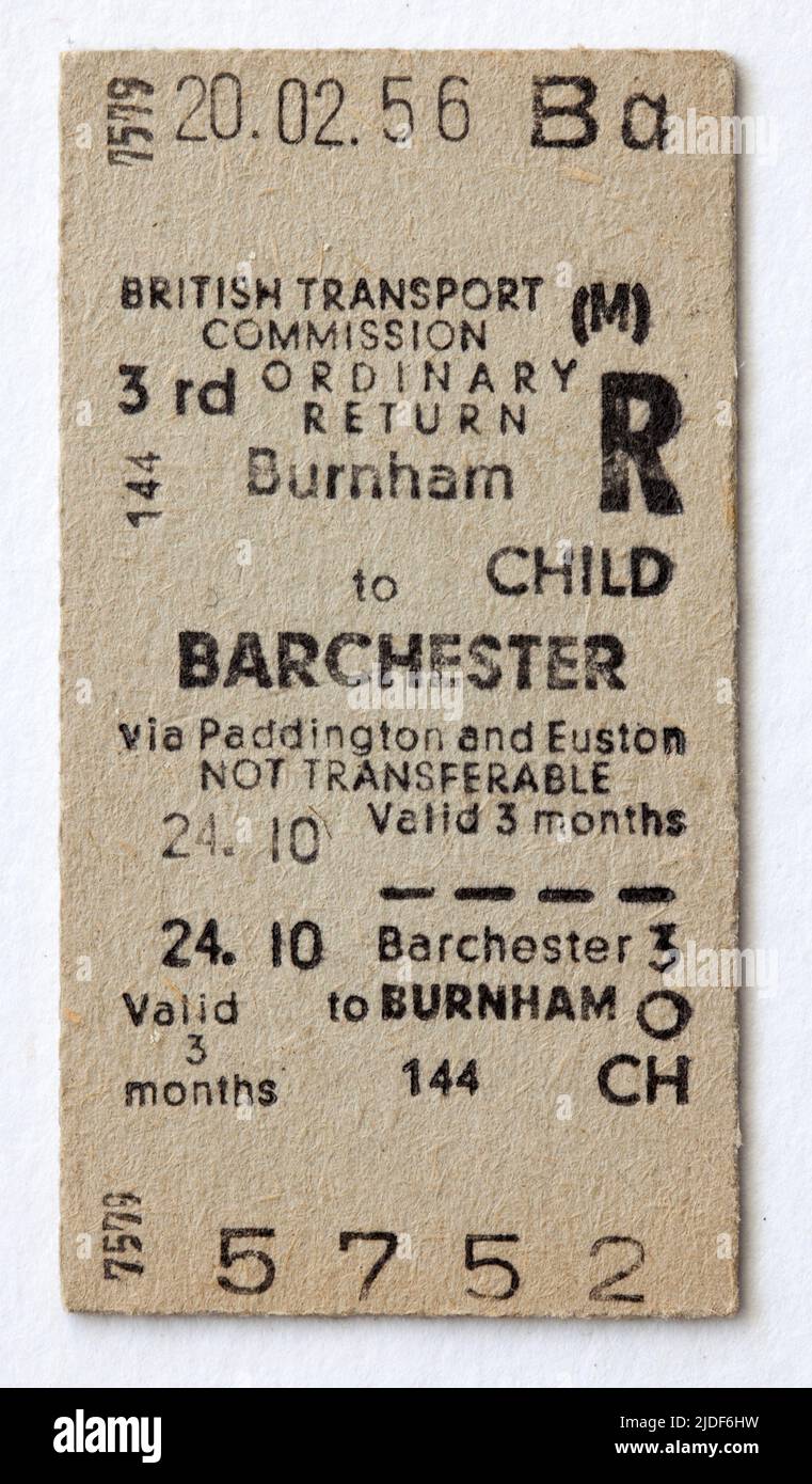 Fake 1950s British Railways Training School Train Ticket to the fictional town of Barchester from Burnham - Childs Fare Stock Photo