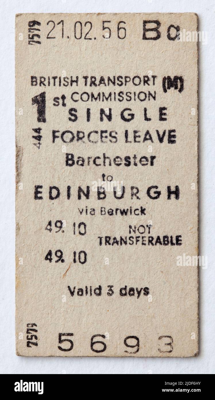 Fake 1950s British Railways Training School Train Ticket from the fictional town of Barchester fto Edinburgh - Forces leave Stock Photo