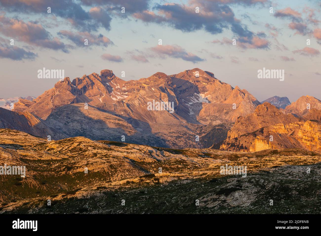 Cunturines mountain group with Lavarella peak. Alpenglow at dawn. The Dolomites of Fanes-Senes-Braies Natural Park. Italian Alps. Europe. Stock Photo