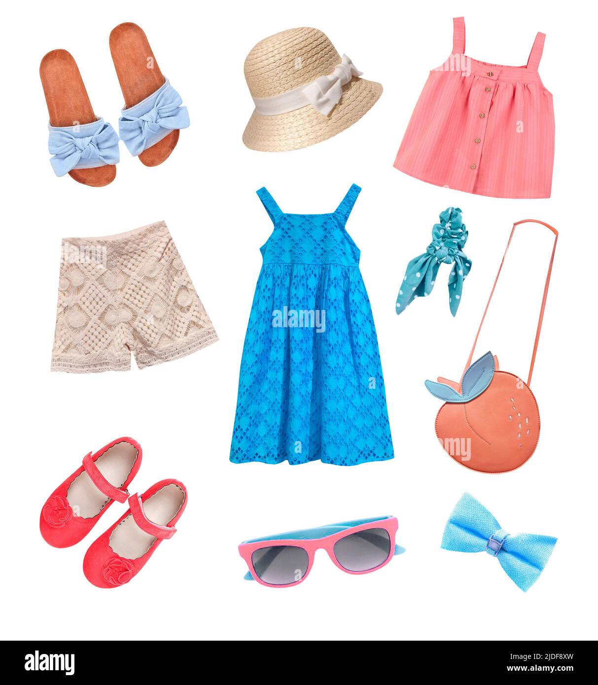 Fancy girl's set of clothing isolated on white. Summer child girl ...