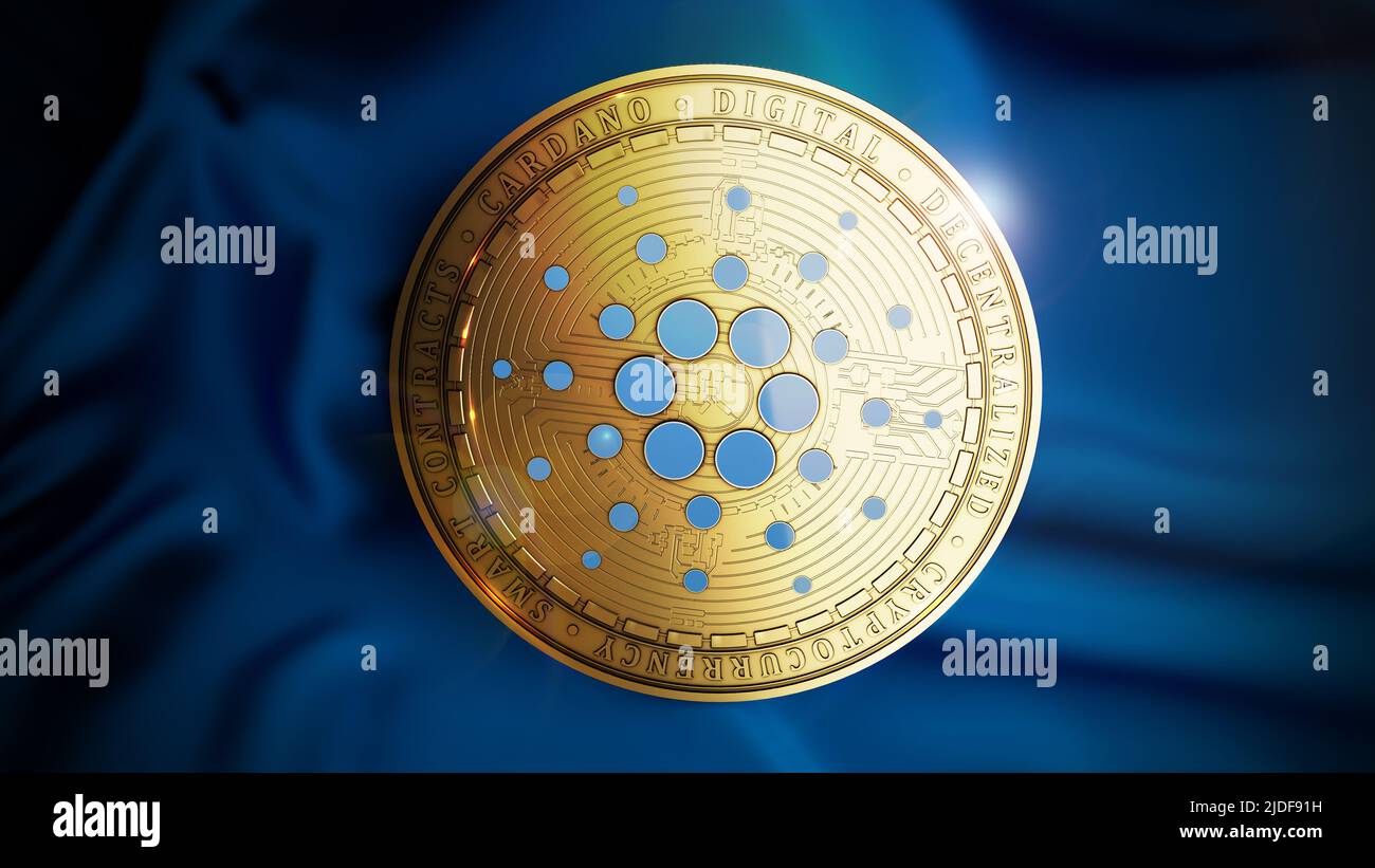 Cardano coin on the blue sateen background. Decentralized digital cryptocurrency symbol. 3D illustration. Stock Photo