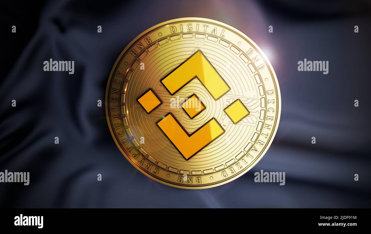 Binance coin on the grey blue sateen background. Decentralized digital cryptocurrency symbol. 3D illustration. Stock Photo